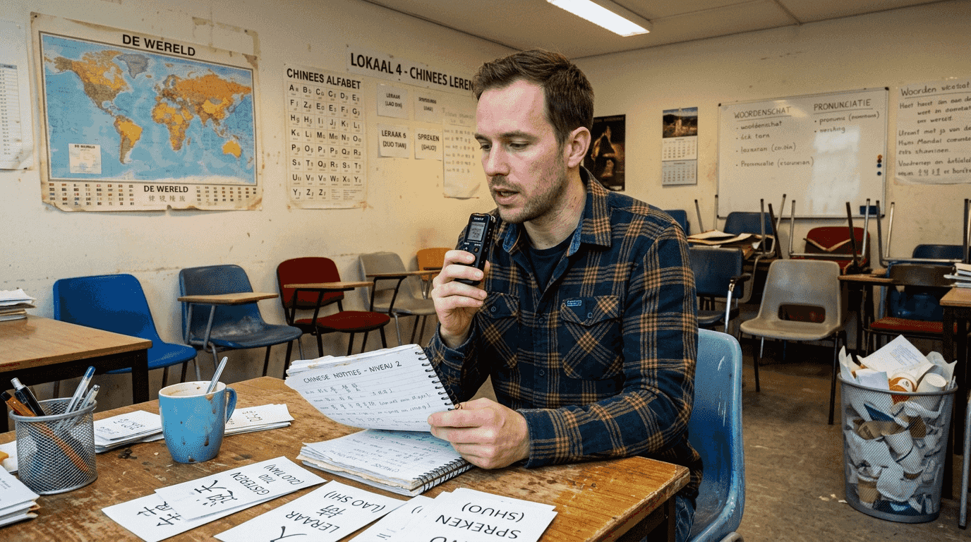 Een volwassene die in een rommelig klaslokaal Chinees zit te oefenen.
