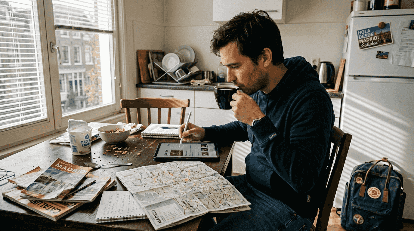 Een man zit aan de overvolle keukentafel om Spaans te leren.