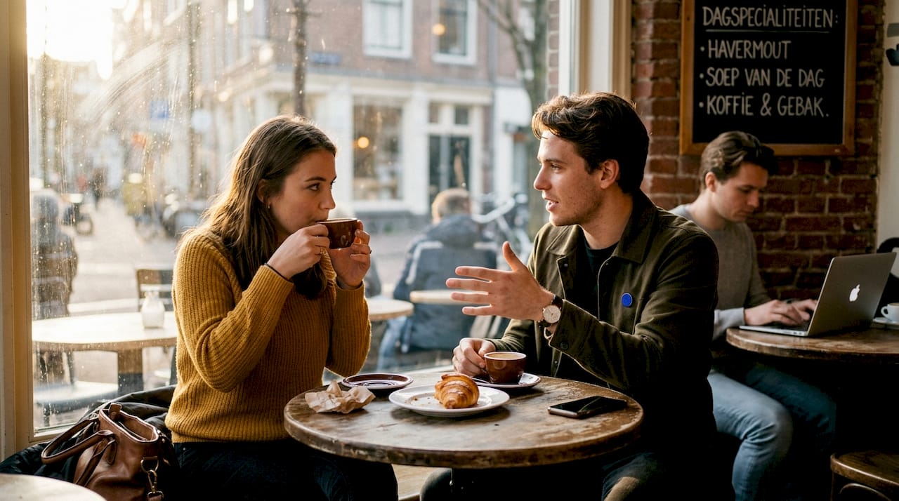 Volwassenen oefenen hun gespreksvaardigheden aan een cafétafel