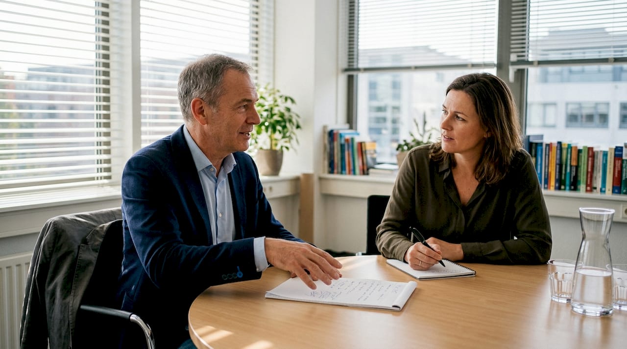 De trainer en de cliënt zitten samen aan tafel op kantoor om het intakegesprek te voeren.