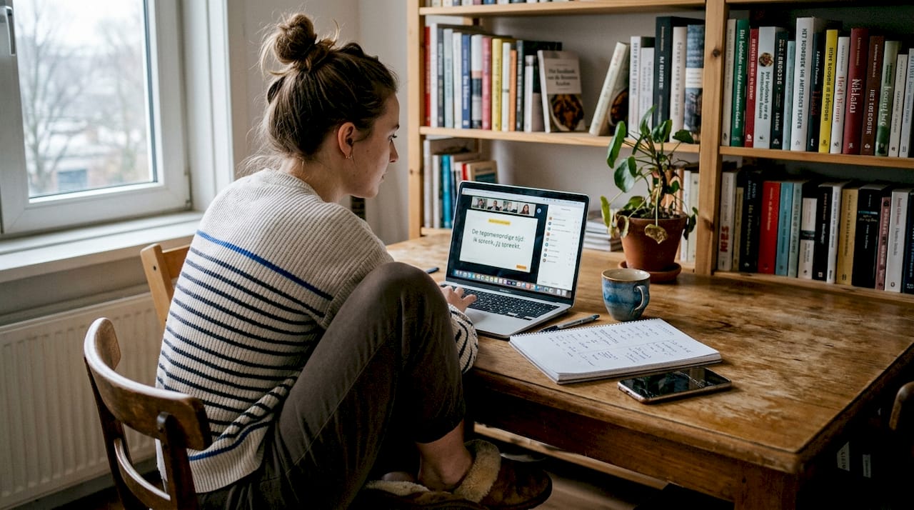 Vrouw volgt thuis een online taalcursus
