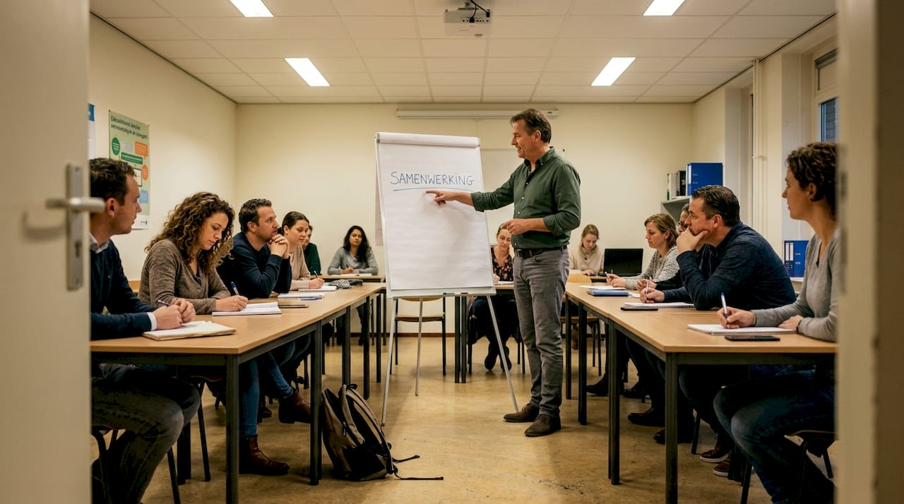 Een groep volwassenen volgt samen een taalcursus in een klaslokaal.