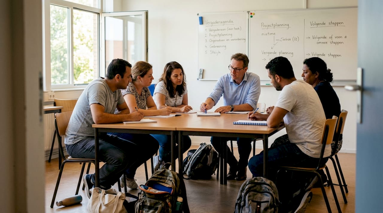 Een groep cursisten volgt samen met hun docent een taalles in het klaslokaal.