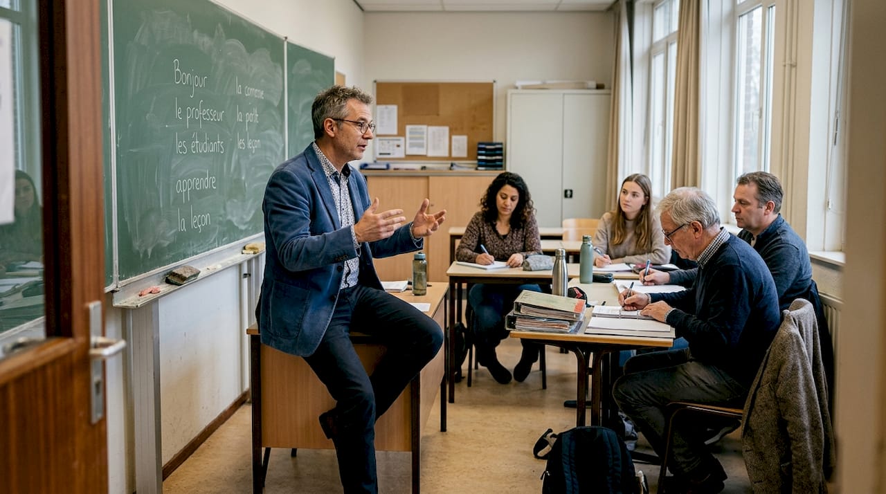 In het buurthuis krijgen volwassenen Nederlandse les in een van de klaslokalen.