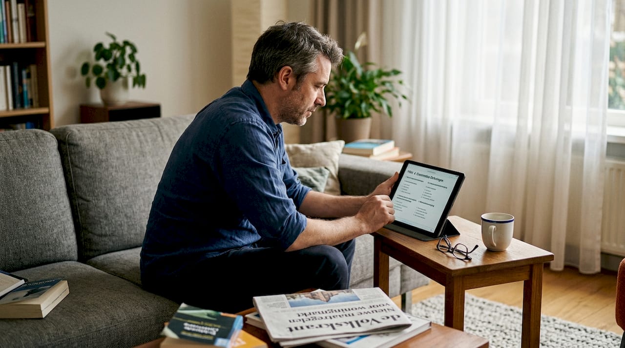 Man zit in de woonkamer met een tablet en is bezig een nieuwe taal te leren.
