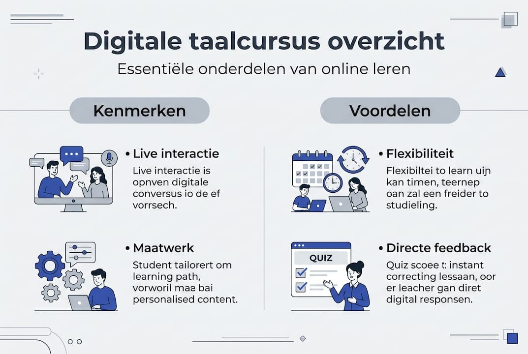 Infographic: wat maakt een digitale taalcursus aantrekkelijk? Ontdek de belangrijkste eigenschappen en voordelen op een rij.