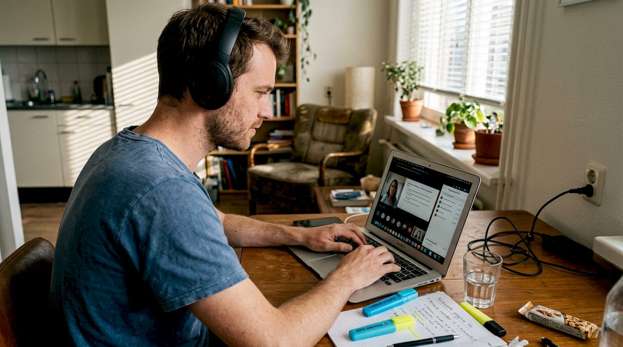Een man leert een nieuwe taal via een online cursus op zijn laptop.