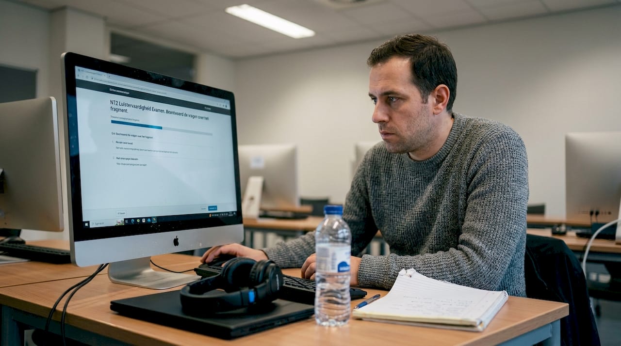 Man maakt digitaal NT2-examen in het klaslokaal