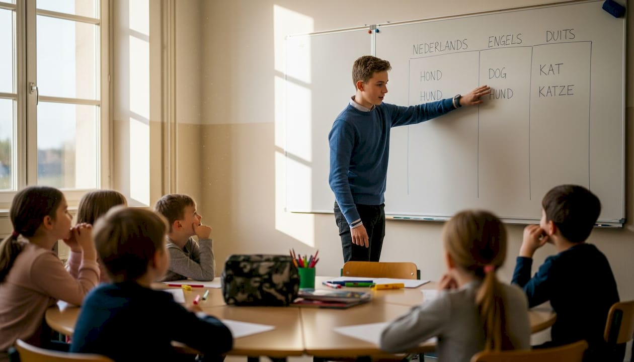 Docent laat leerlingen verschillende talen met elkaar vergelijken in de klas
