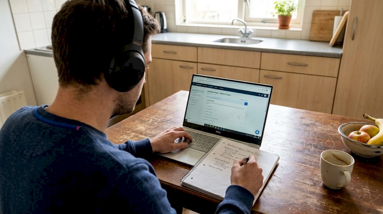 Man zit achter zijn laptop met een notitieboekje om een nieuwe taal te oefenen.