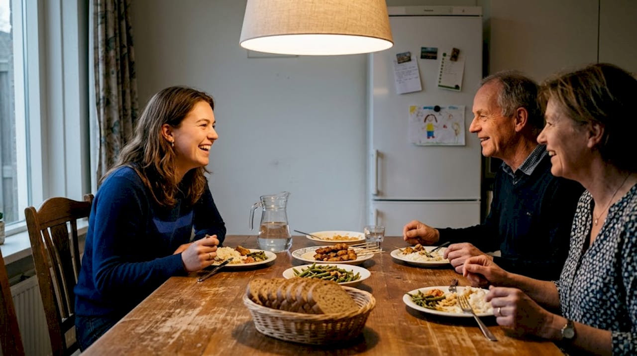 Een student die gezellig mee kletst tijdens het avondeten bij zijn gastgezin.