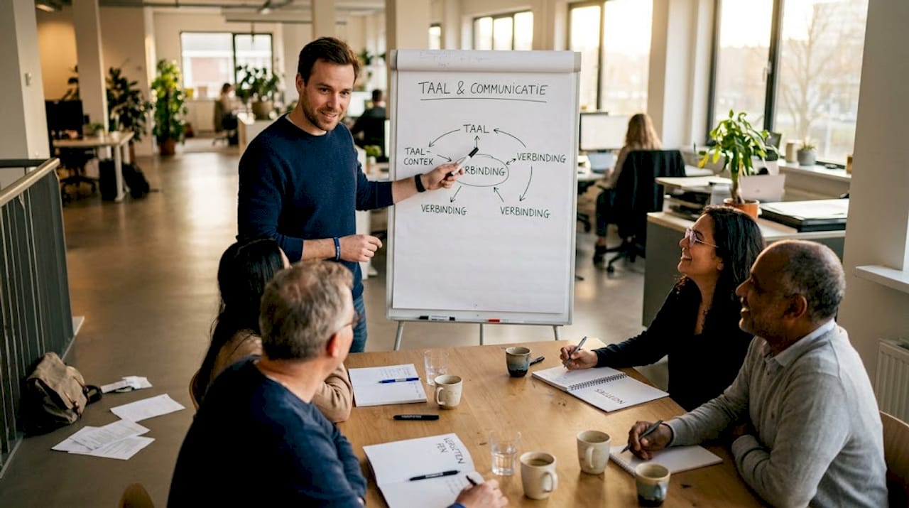 Een taaltrainer verzorgt een bedrijfstraining in de vergaderruimte.