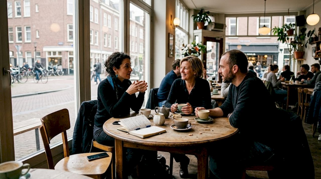 Een groep mensen komt samen in een gezellig café om hun taalvaardigheid te oefenen.