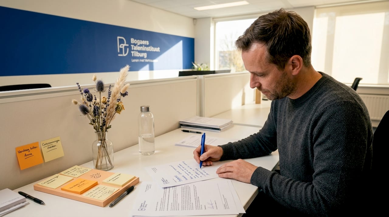 De medewerker werkt aan een praktijkopdracht op kantoor.