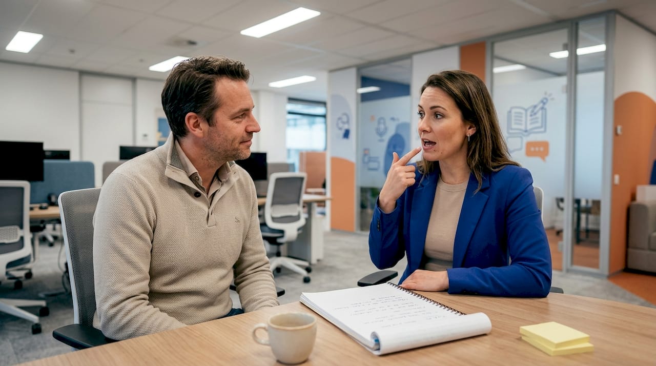 Een man krijgt tips over zijn uitspraak van een coach.