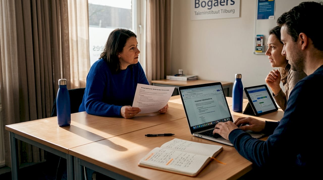 Een groep cursisten werkt samen aan een taalopdracht in het klaslokaal.