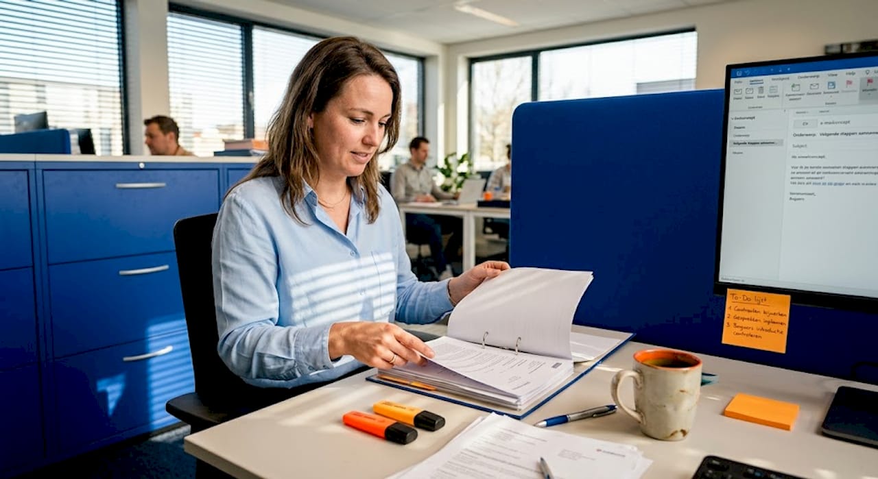Op kantoor verdiept een HR-medewerker zich in het personeelsdossier.