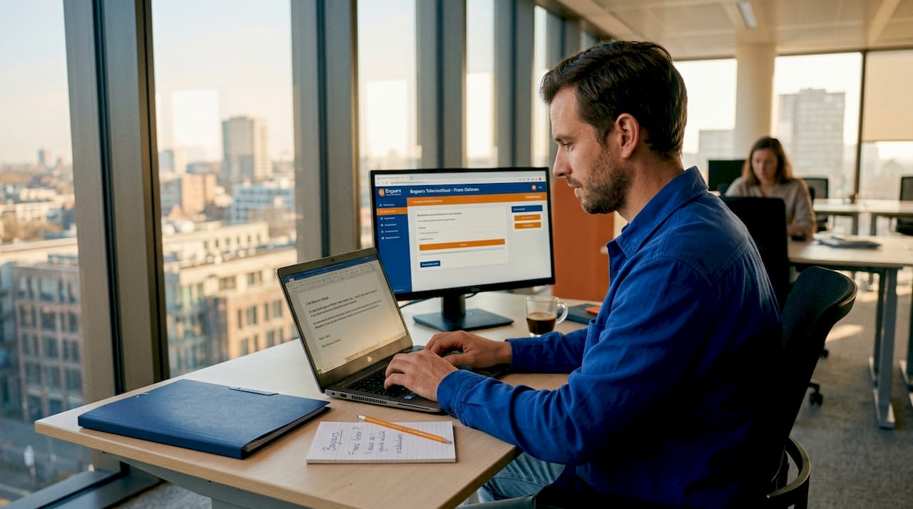 Man schrijft professionele e-mail na het volgen van een zakelijke taaltraining.