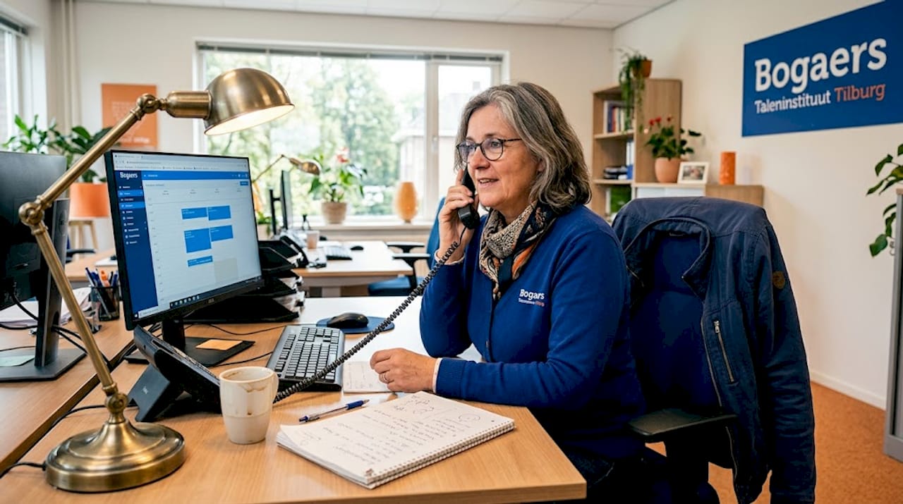 Een medewerker klantcontact is telefonisch in gesprek op het kantoor.
