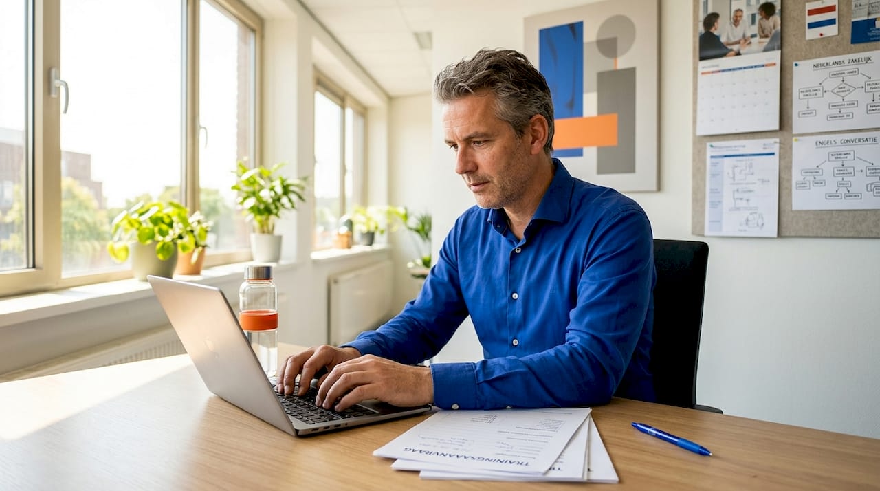 Een man zit op kantoor en verwerkt een aanvraagformulier.