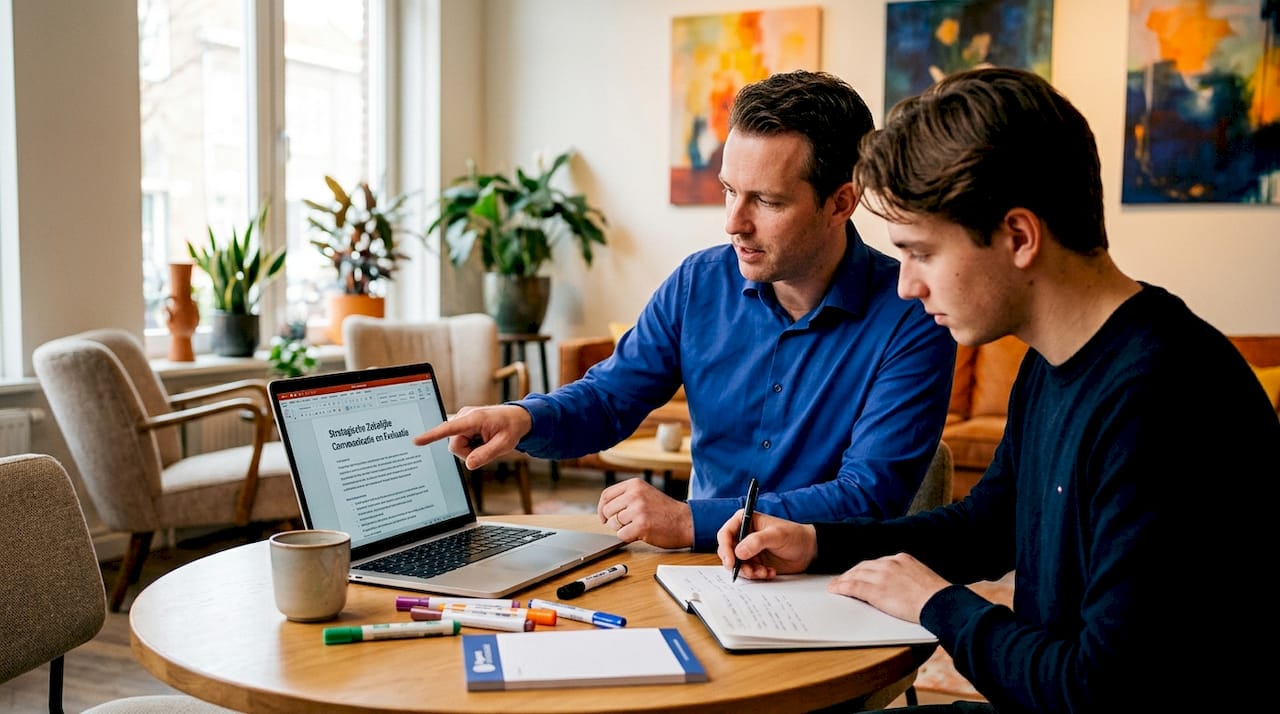 Een taalcoach en een medewerker nemen samen een Nederlands document door.