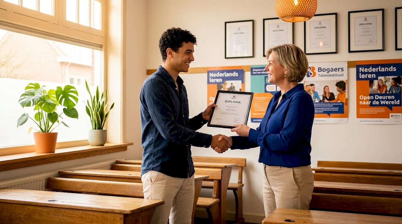 Tijdens een feestelijke bijeenkomst krijgt een student zijn diploma uitgereikt.