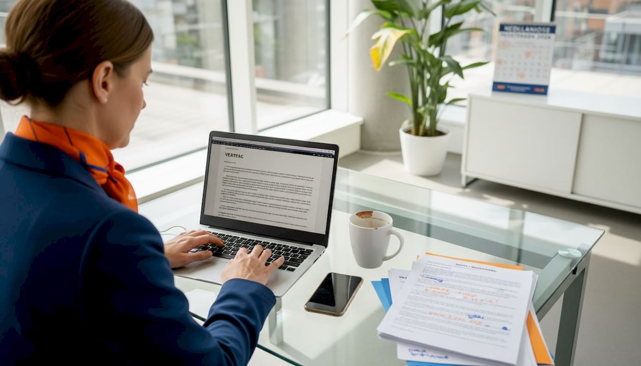 Zakenvrouw verdiept zich aan haar bureau in een Duits contract.