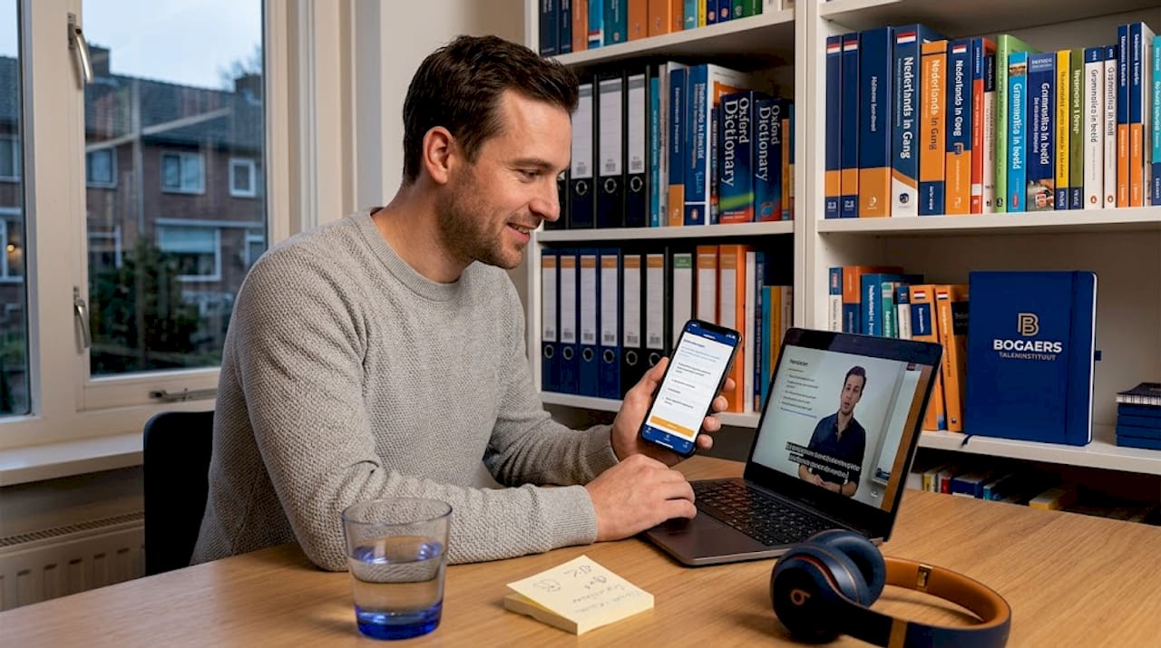 Man volgt taalcursus met behulp van een app en zijn laptop