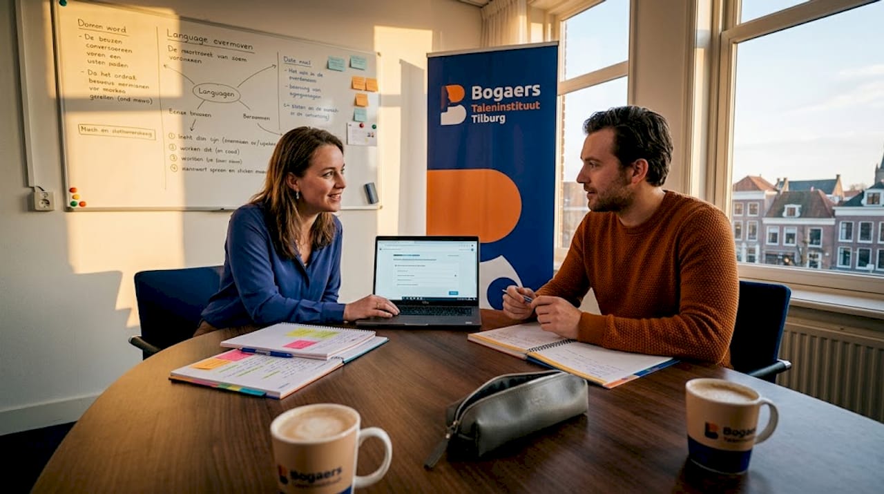 Een klein groepje volgt samen een taaltraining in een vergaderruimte op kantoor.