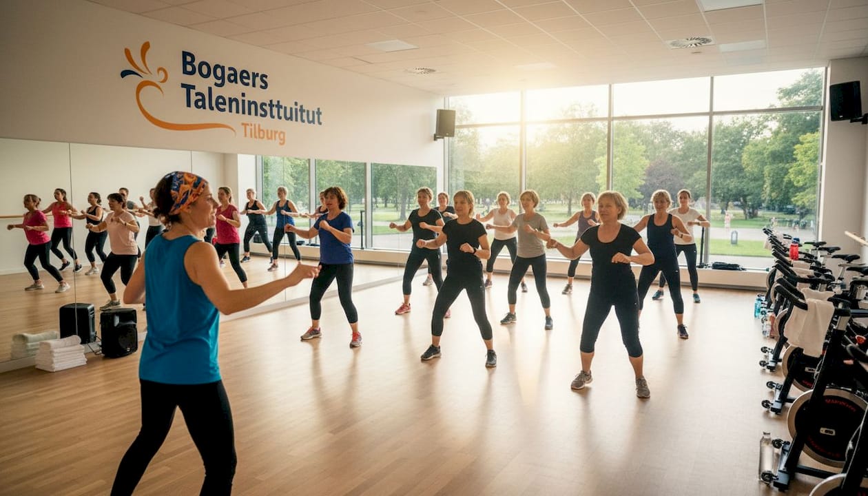 Een groep mensen volgt enthousiast een Zumba-les en werkt samen aan hun conditie.