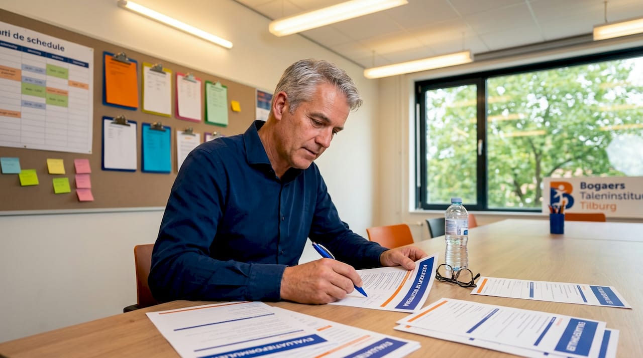 Man maakt aantekeningen over de accreditatie-eisen in de opleidingsruimte.