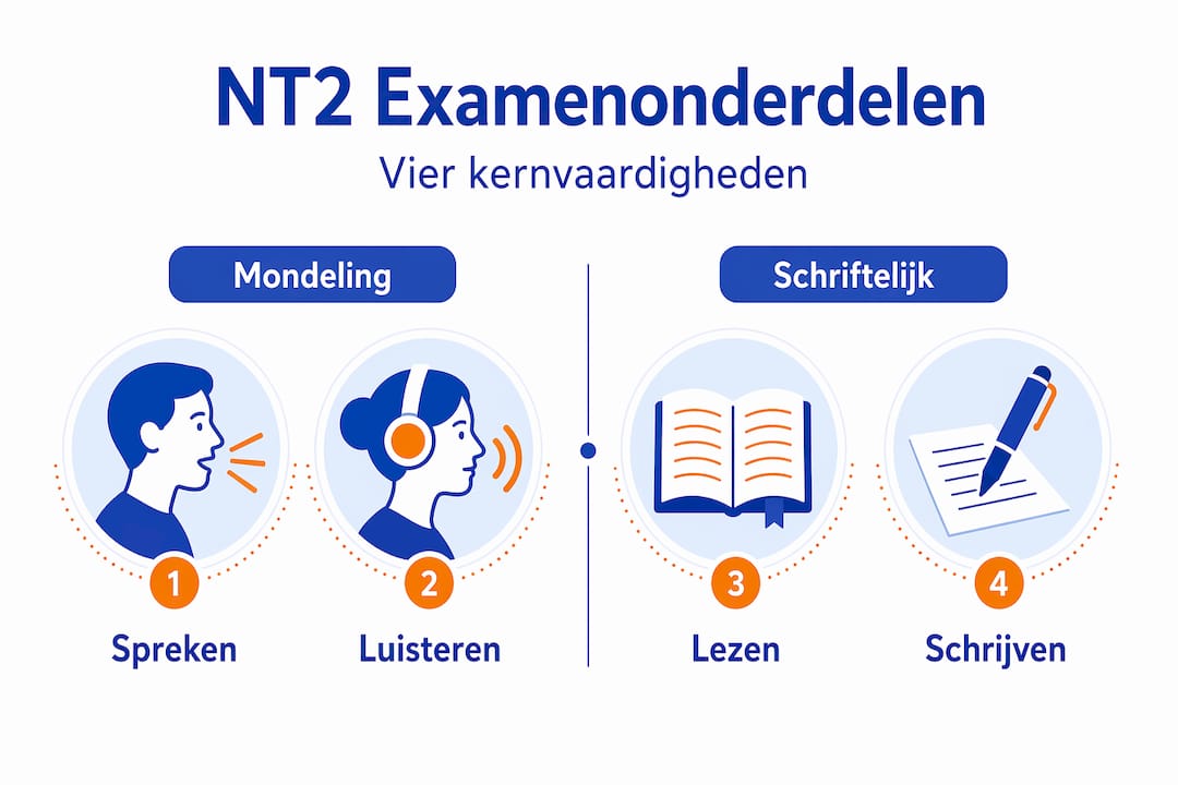 Overzichtelijke infographic met de verschillende NT2-examenonderdelen, verdeeld in twee categorieën