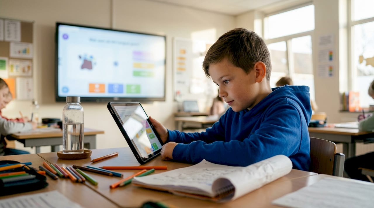Een jongen zit in de klas en werkt op zijn tablet.