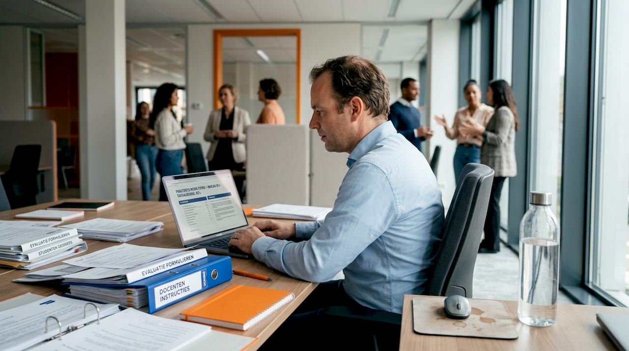 Een medewerker bekijkt de uitslag van het examen.