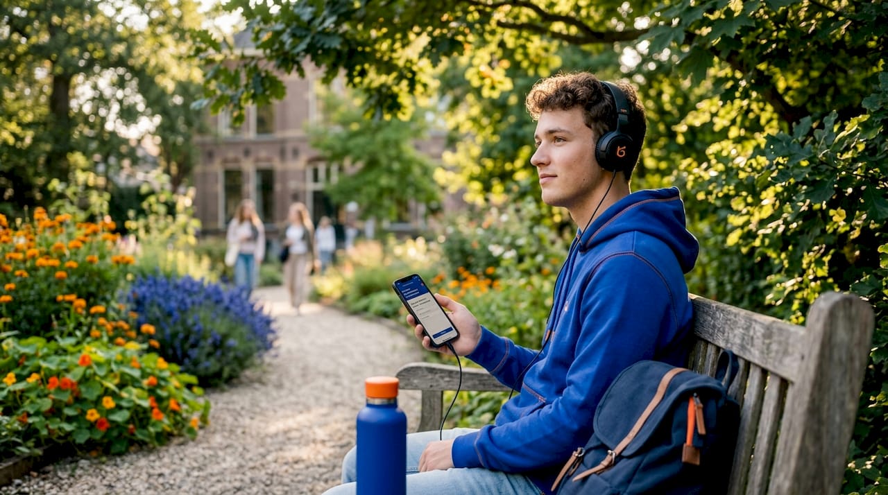 Een jonge man is buiten bezig met het oefenen van een vreemde taal op zijn smartphone.