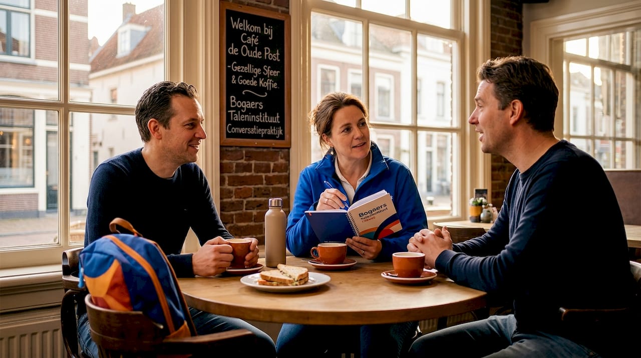 Een klein clubje taalmaatjes komt samen in het café om hun Nederlands te oefenen.