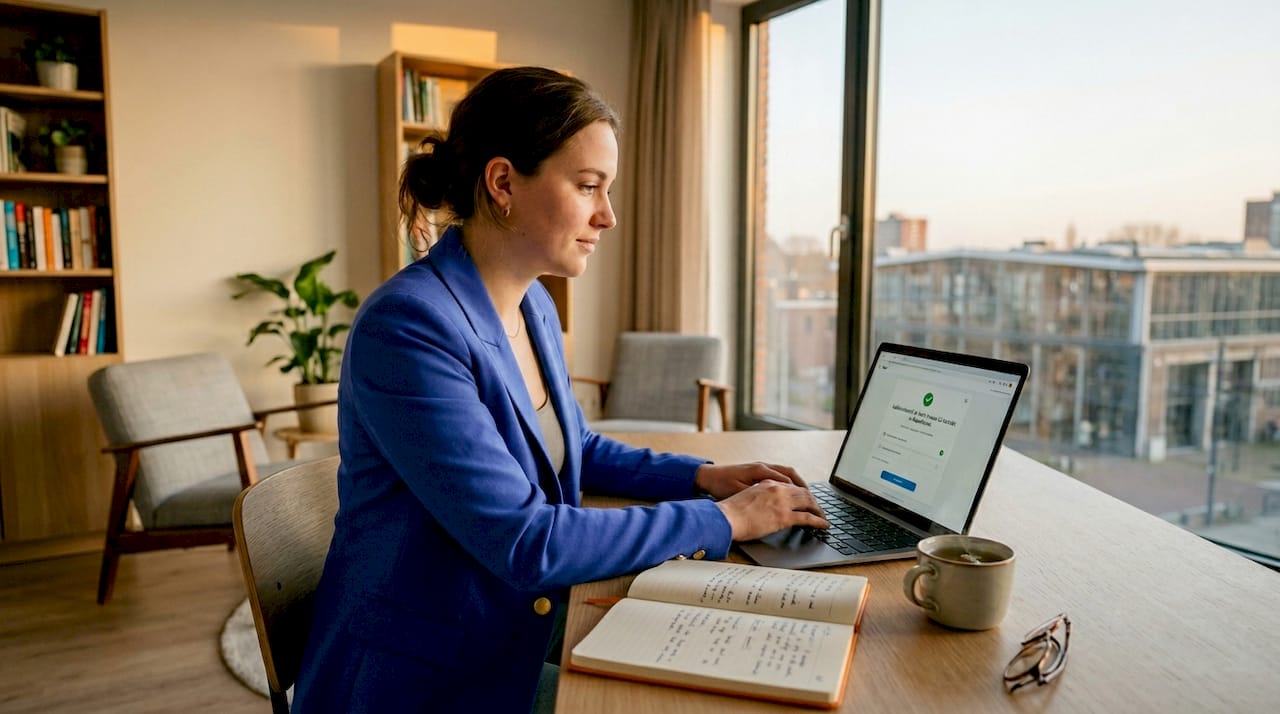 Aan het bureau werkt een professional actief aan het verbeteren van zijn zakelijke taalvaardigheden.