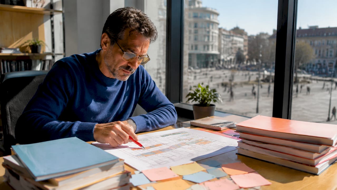 Een onderwijsadviseur buigt zich over een modulair leerplan aan zijn bureau.