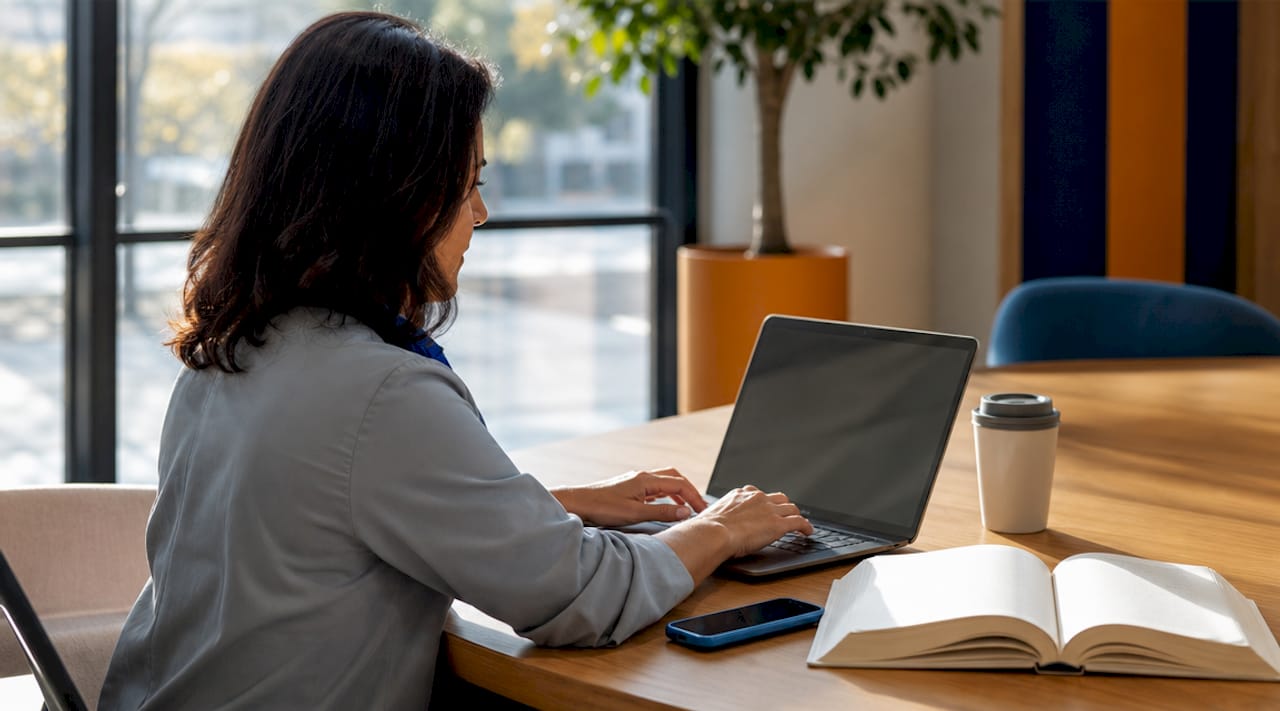 Een vrouw zit geconcentreerd te werken achter haar laptop in een rustig kantoor.