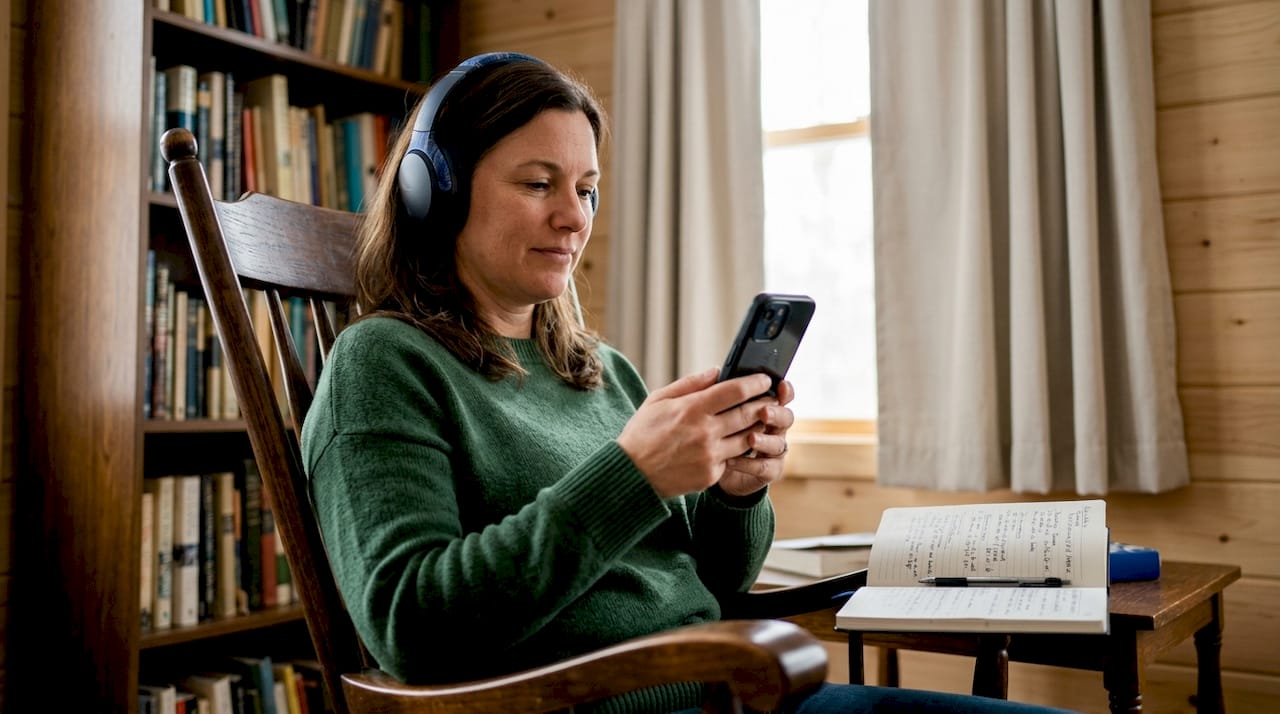 Thuis zit een vrouw ontspannen met een koptelefoon op naar een podcast te luisteren.