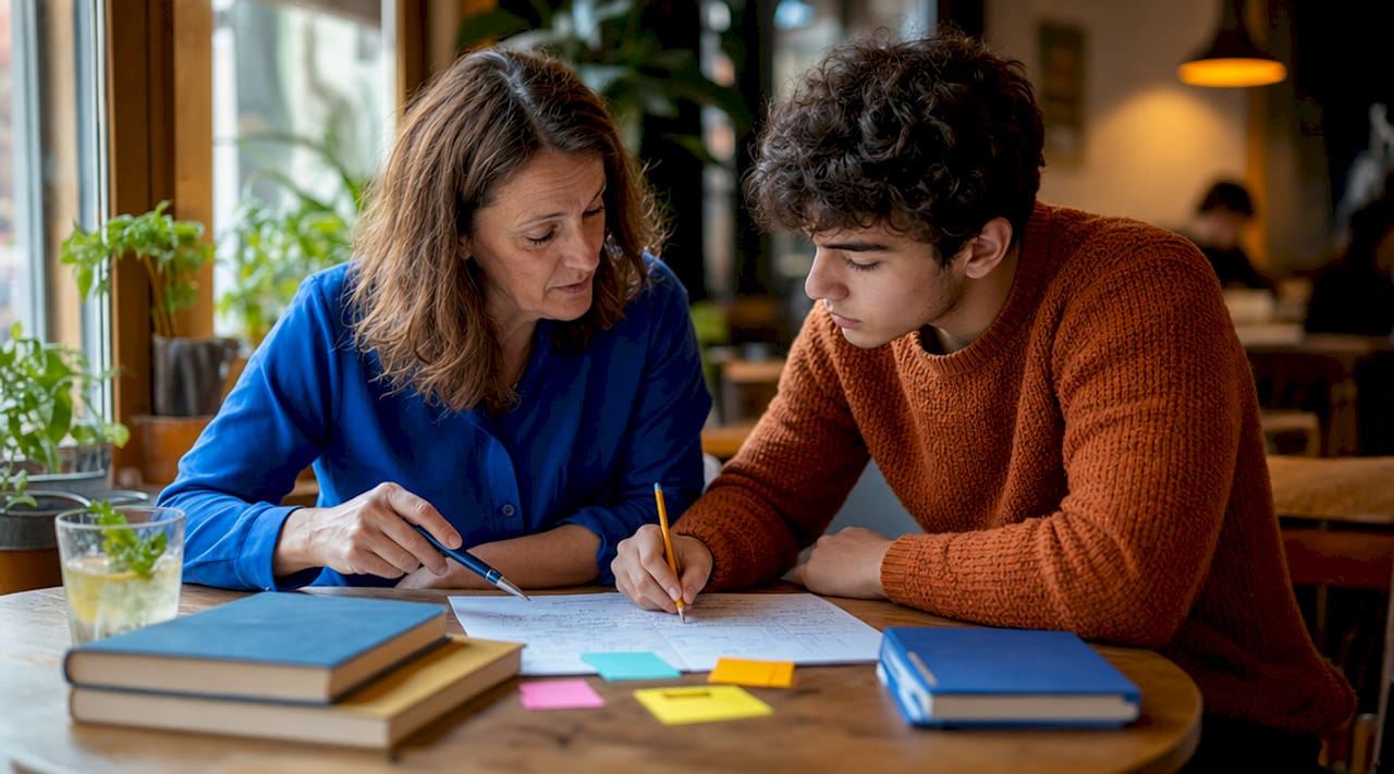 De handen van een docent en een student samen boven lesmateriaal tijdens een taalles