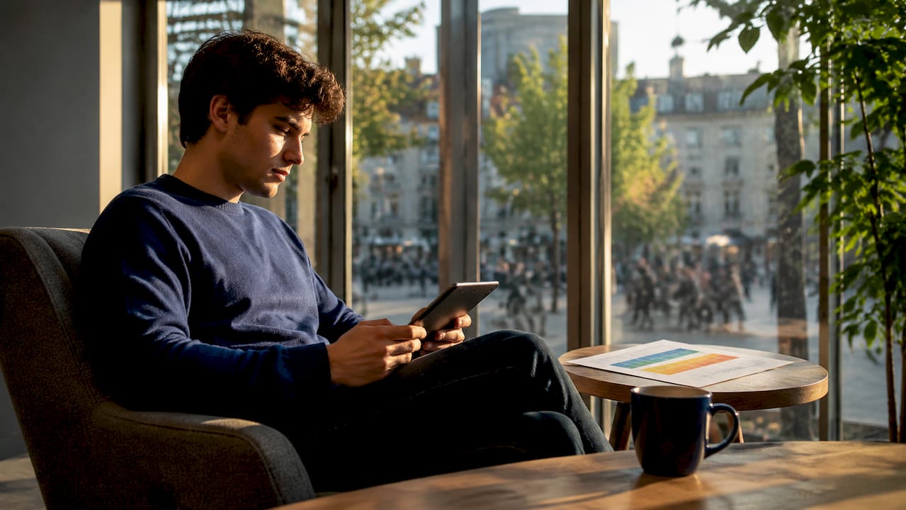 Een jonge man bekijkt en vergelijkt verschillende taalniveaus op zijn tablet.