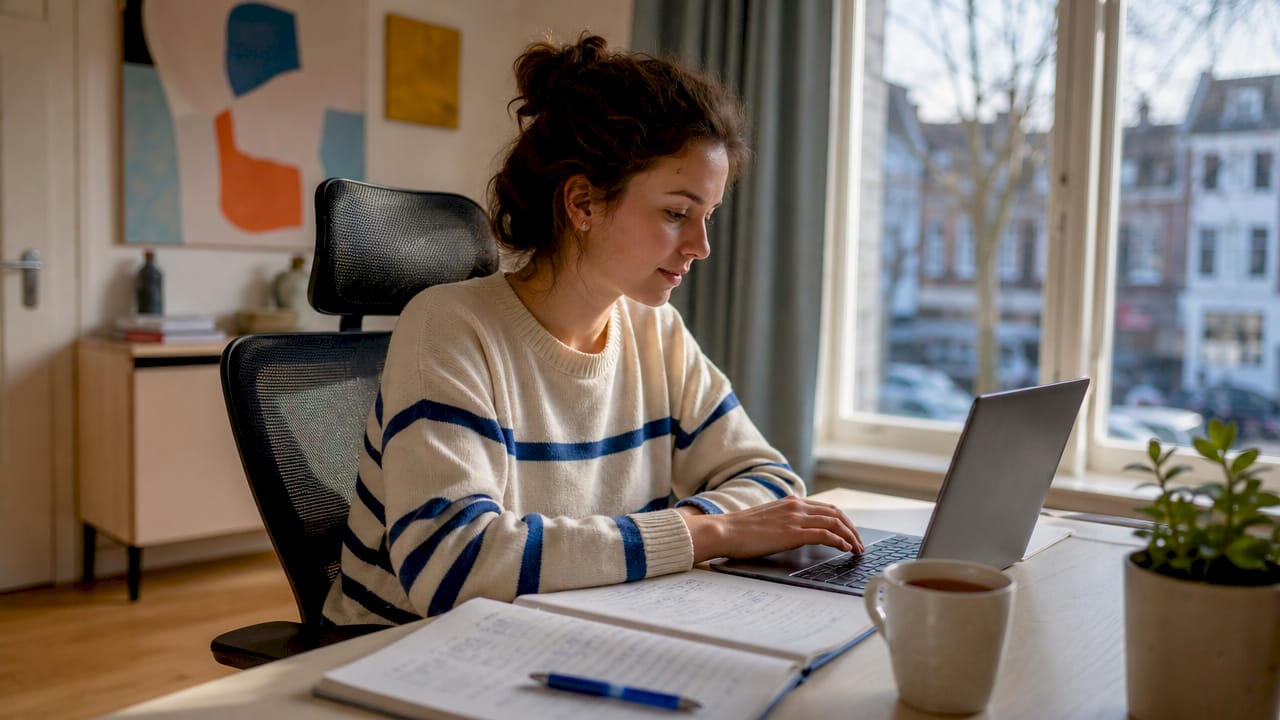 Een jonge vrouw krijgt privétaalles bij haar thuis.