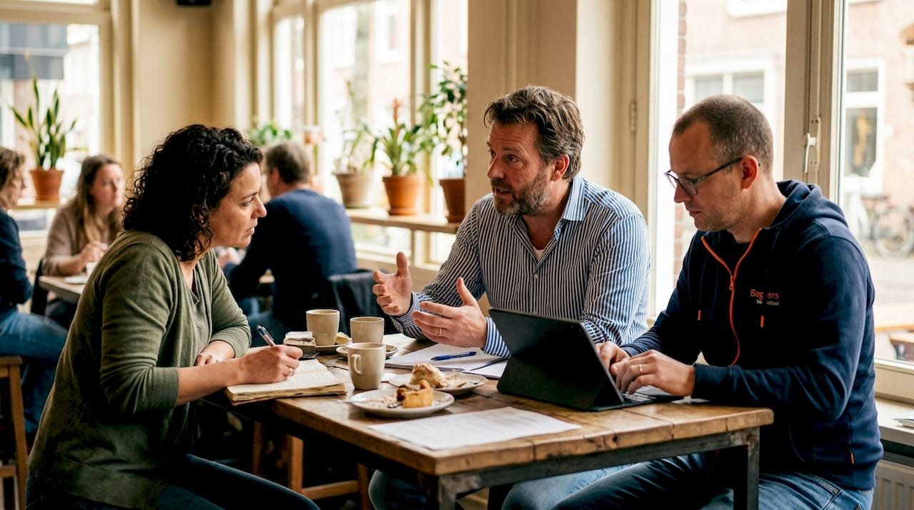 Een groep deelnemers volgt een interactieve training om hun communicatieve vaardigheden te verbeteren.