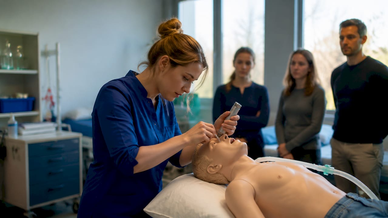 Verpleegkundige traint haar vaardigheden met een simulatiepatiënt