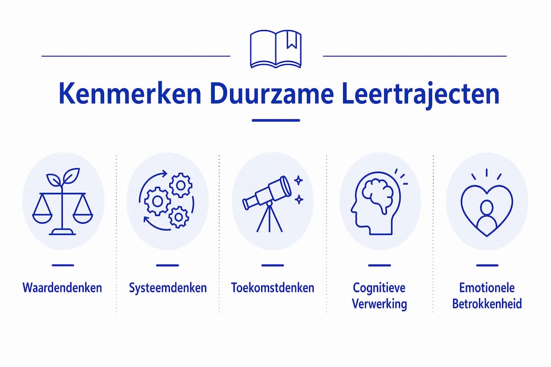 Overzichtelijke infographic waarin de belangrijkste eigenschappen van duurzame leertrajecten in een piramidevorm worden weergegeven.