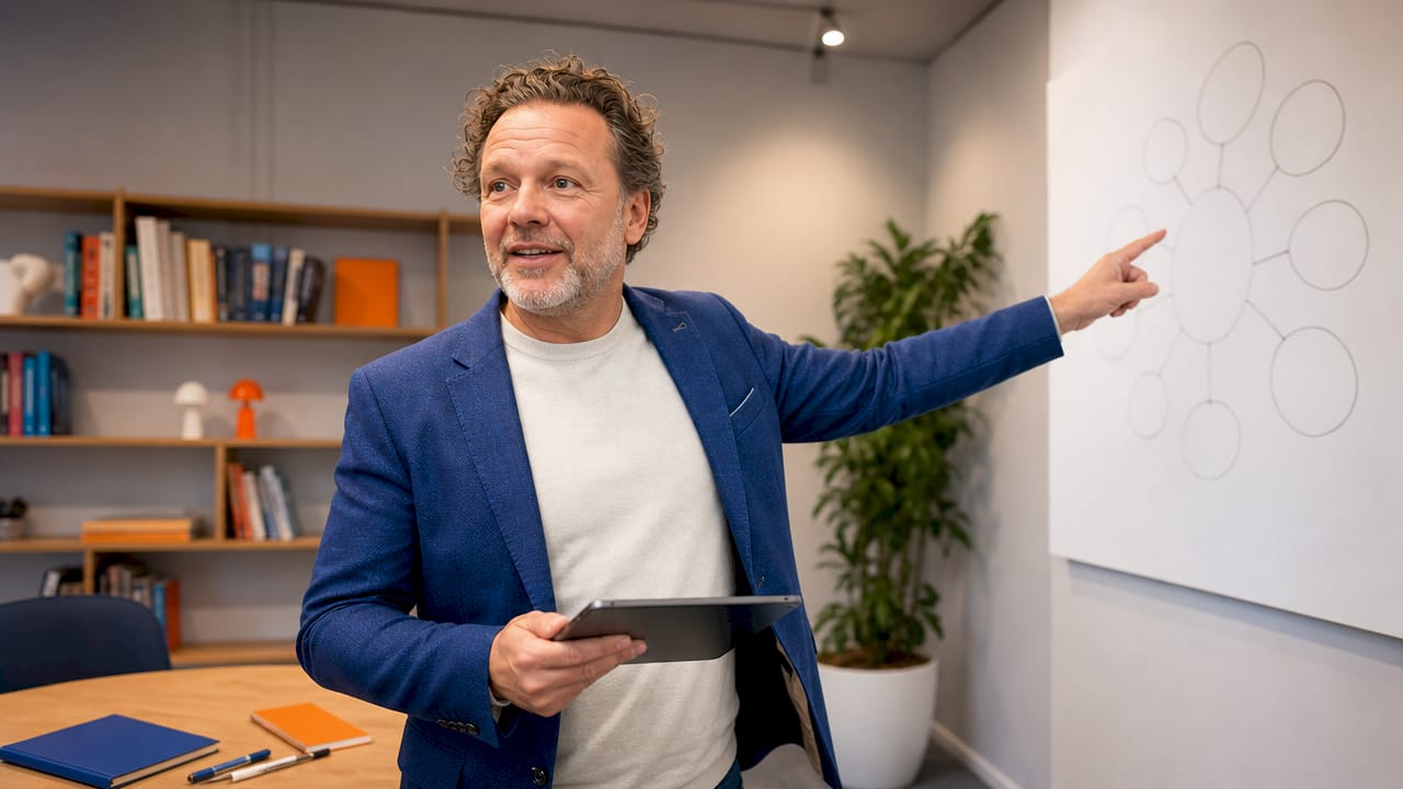 Een onderwijsadviseur licht de principes van didactiek toe tijdens een bijeenkomst in de vergaderruimte.