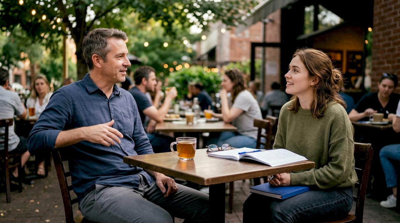 Een coach en een taalleerder in gesprek tijdens een wandeling buiten