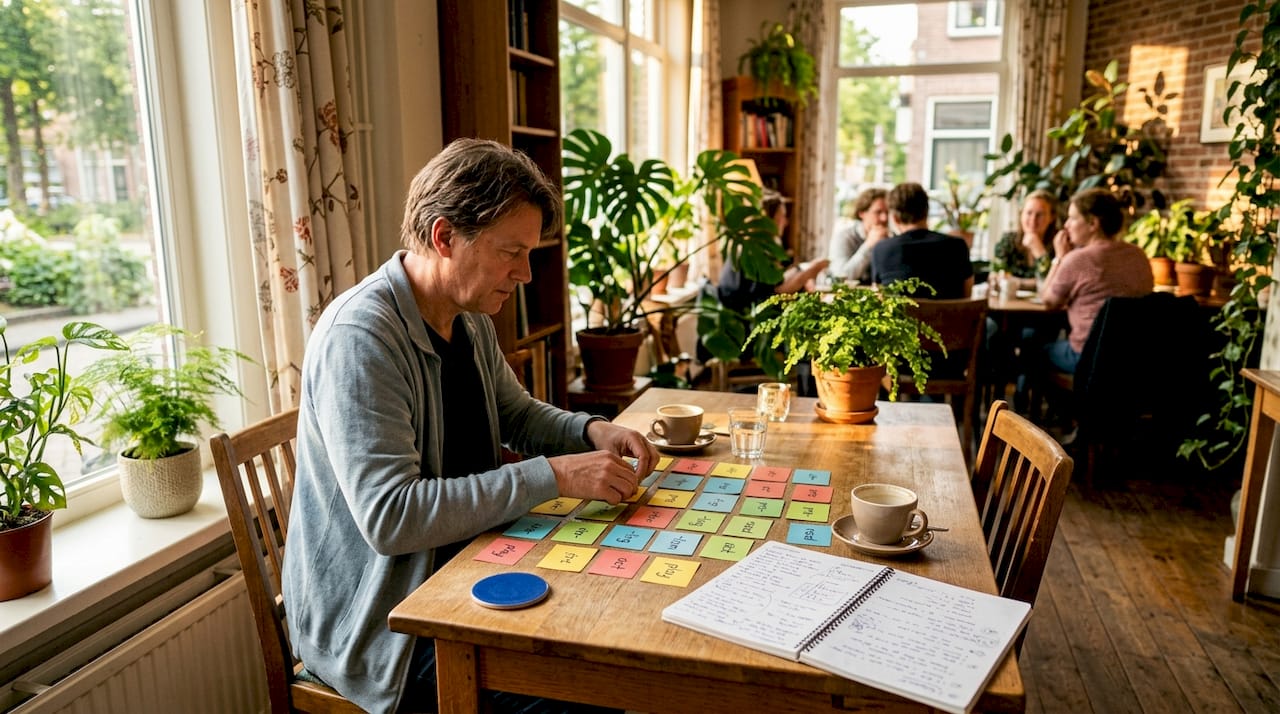 Met de handen worden morfologische kaartjes op tafel gesorteerd.