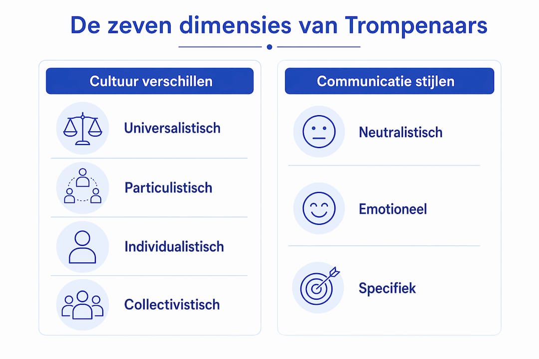 Overzichtelijke infographic met de zeven cultuurdimensies volgens Trompenaars